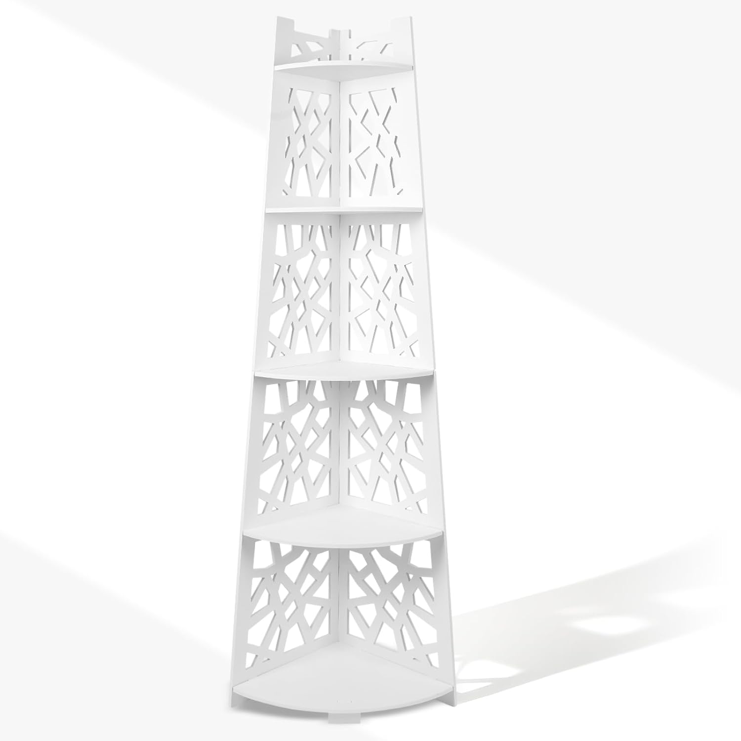 5-Tier Floor Standing Corner Shower Caddy Organizer, White WPC Bathroom Shelf Rack, Space-Saving Corner Storage for Shampoo, Body Wash, Towels