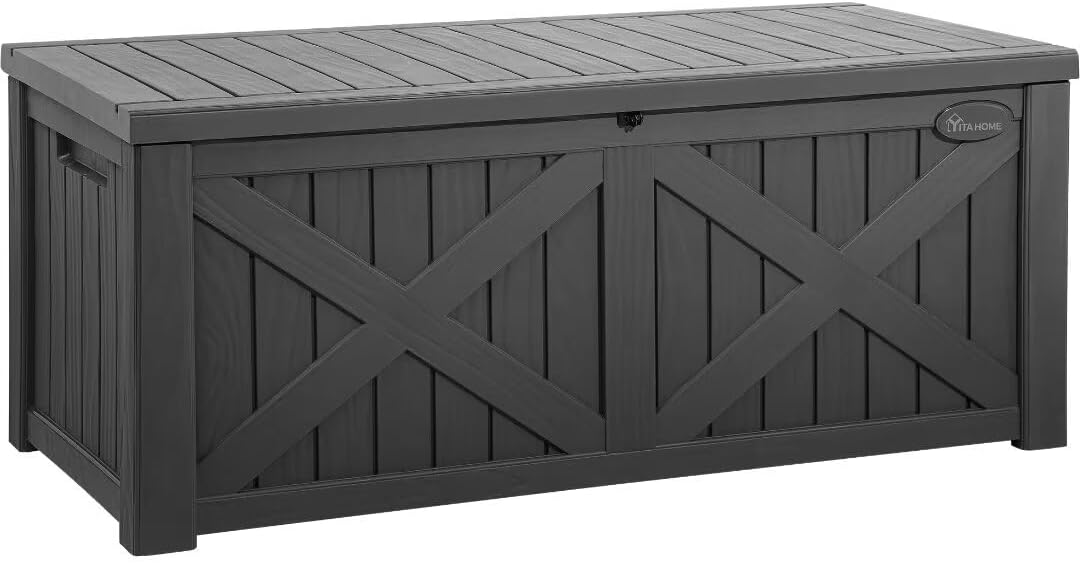 YITAHOME 120 Gallon Large Outdoor Storage Box with X-Shaped Front, Waterproof Resin Deck Box Cushion Storage Bench for Patio, Pool Supplies, Garden Tools - Lockable, Black