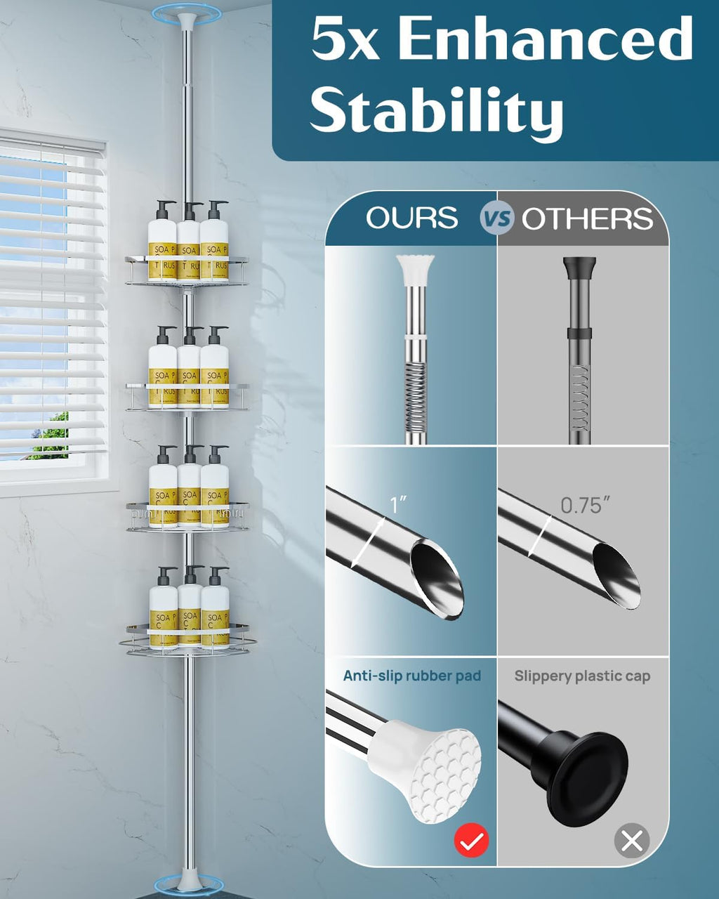 SEIRIONE Rustproof Shower Corner Caddy Organizer for Bathroom, 4 Adjustable Shelves with Tension Pole, for Bathtub Shampoo Accessories Storage Holder, 34 to 116 Inch Height