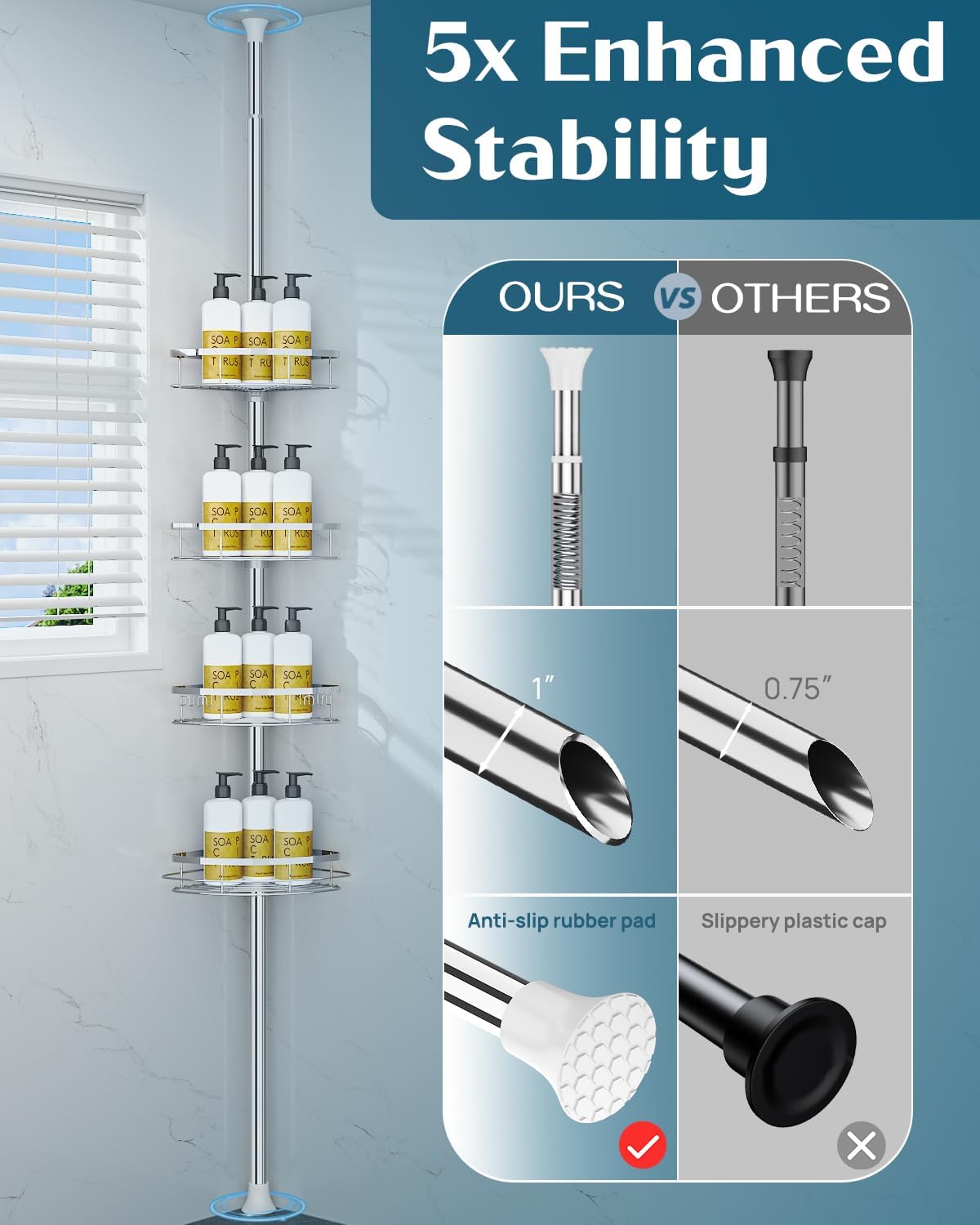 SEIRIONE Rustproof Shower Corner Caddy Organizer for Bathroom, 4 Adjustable Shelves with Tension Pole, for Bathtub Shampoo Accessories Storage Holder, 34 to 116 Inch Height