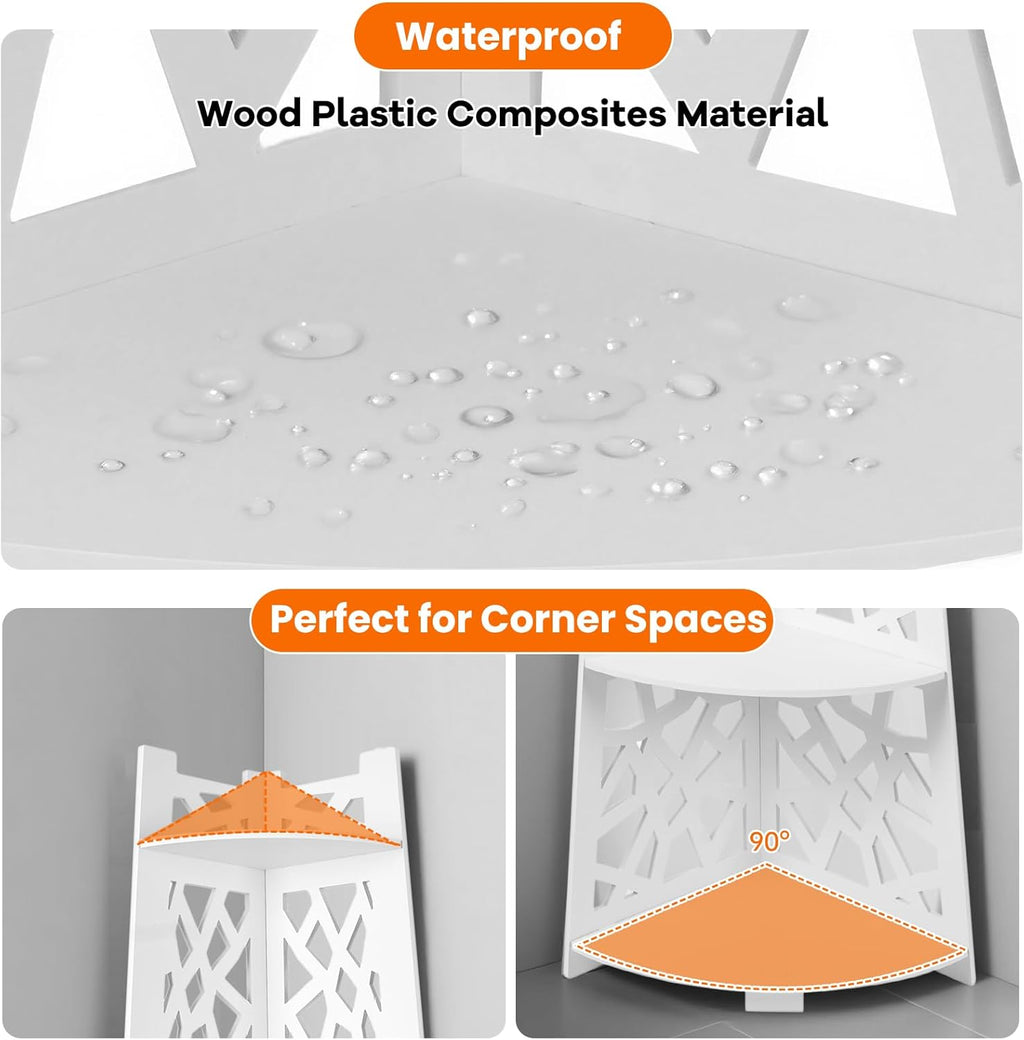 5-Tier Floor Standing Corner Shower Caddy Organizer, White WPC Bathroom Shelf Rack, Space-Saving Corner Storage for Shampoo, Body Wash, Towels