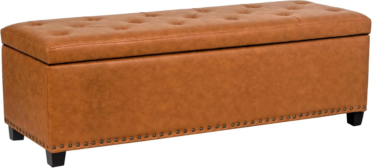 Joveco Storage Ottoman Bench, 51 Inch Leather Tufted Bench for End of Bed, Bedroom, Living Room, Dark Brown