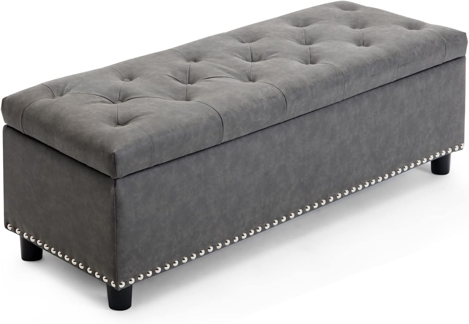 BELLEZE 47" Storage Ottoman, Storage Bench with Safety Close Hinge, Linen Button-Tufted Ottoman for Living Room, Entryway, Hallway, Foot Rest, Support 300lbs - Gray