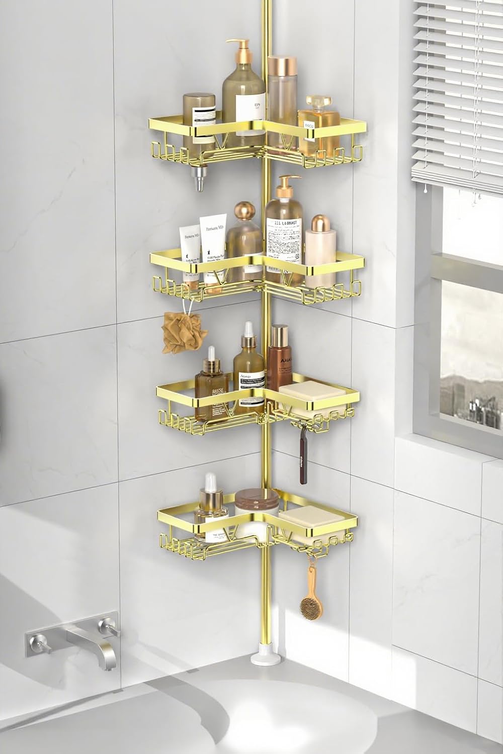 KEGII Corner Shower Caddy Tension Pole - Shower Tension Rod Organizer, Floor to Ceiling Shower Caddy 25-114.2 inch, Towel Rack Corner Waterproof, Black