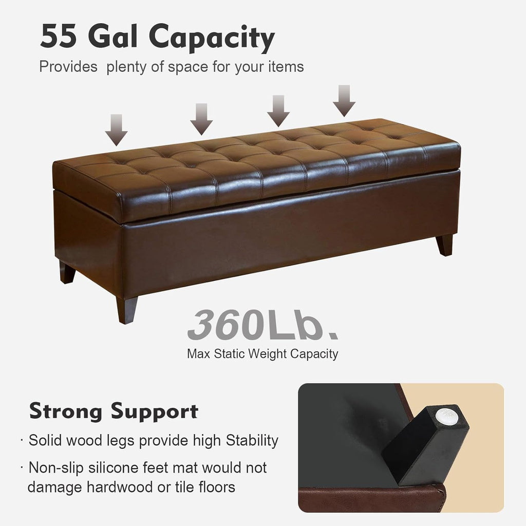 Joveco Storage Ottoman Bench, 51 Inch Leather Tufted Bench for End of Bed, Bedroom, Living Room, Dark Brown