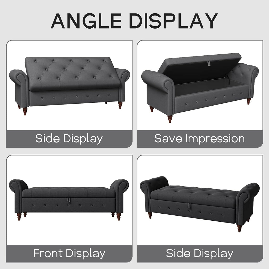 NIOIIKIT 63'' Storage Ottoman Bench, Button Tufted End of Bed Bench, Rolled Armed Ottoman Couch Long Bench for Bedroom, Living Room, End of Bed, Hallway(Grey Polyster)