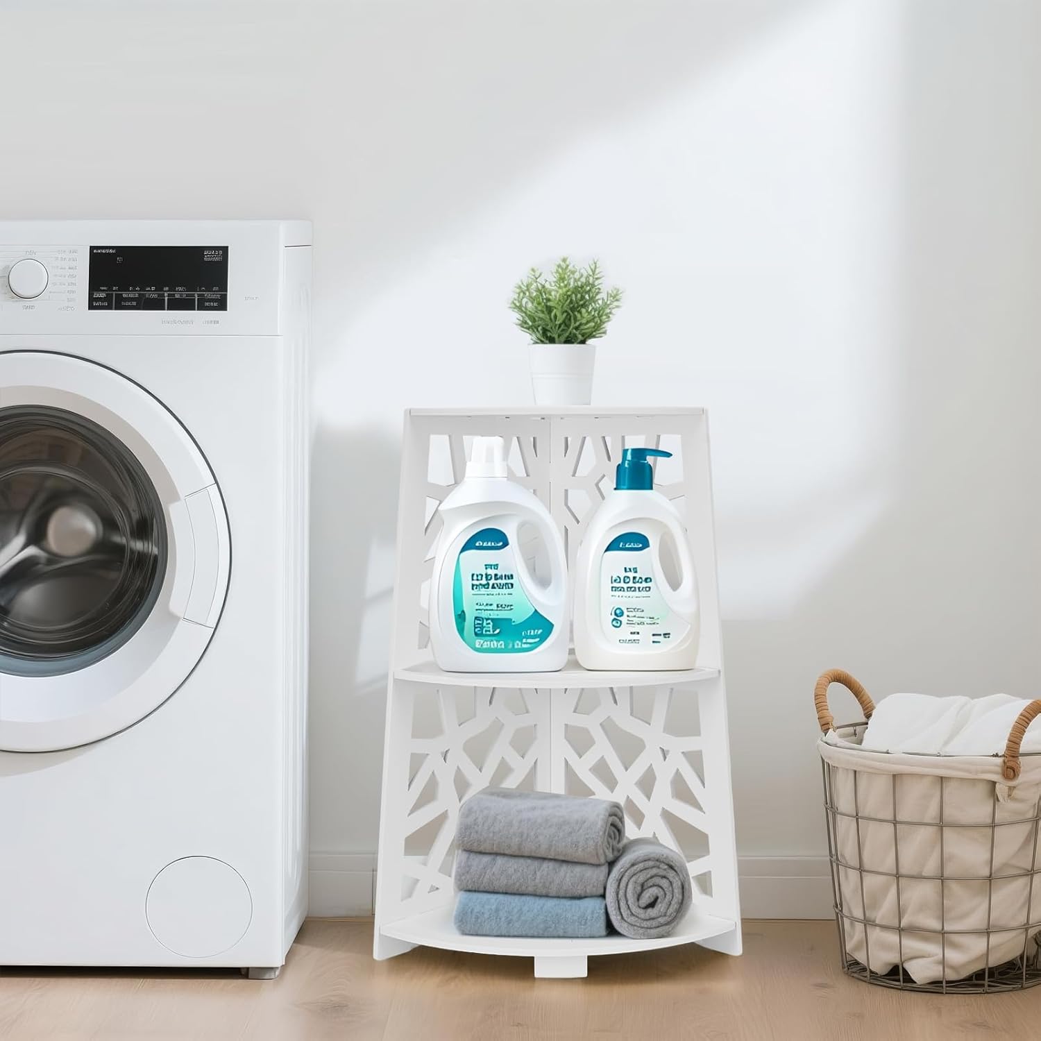 5-Tier Floor Standing Corner Shower Caddy Organizer, White WPC Bathroom Shelf Rack, Space-Saving Corner Storage for Shampoo, Body Wash, Towels