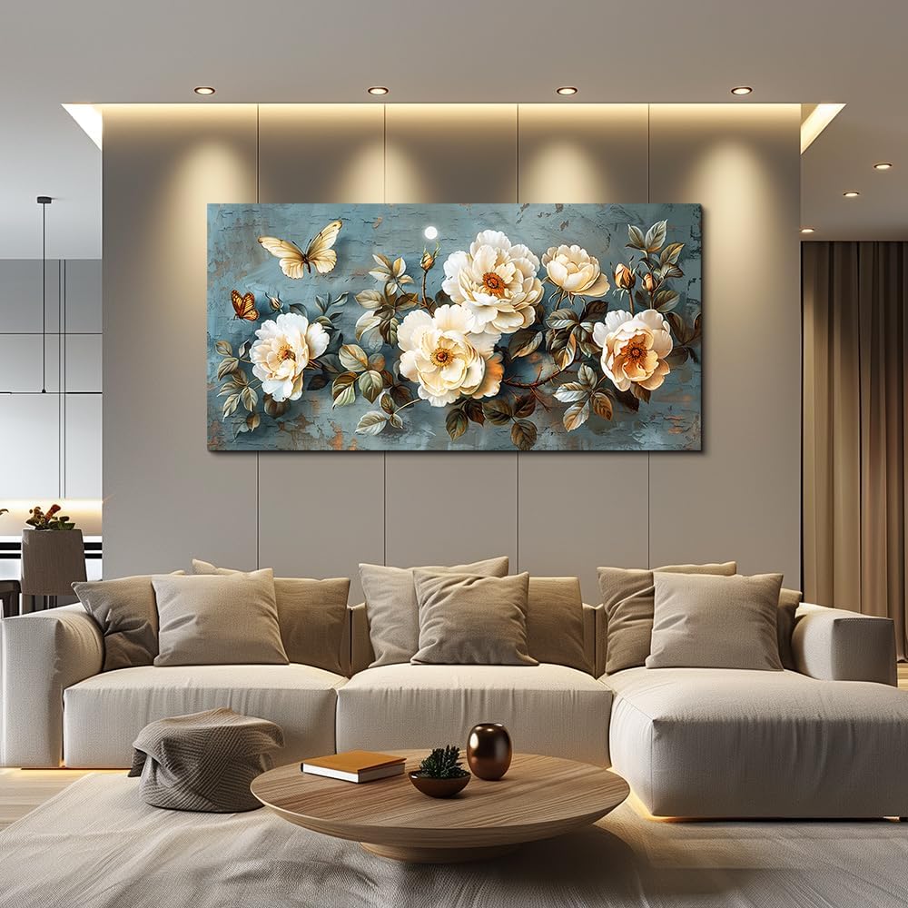 PHAOHUAXM Large Canvas Wall Art For Bedroom Wall Decorations For Living Room Office Decor Abstract Pictures White Flower Dining Room Painting Artwork Modern Framed Posters Home Decoration 24"x48"