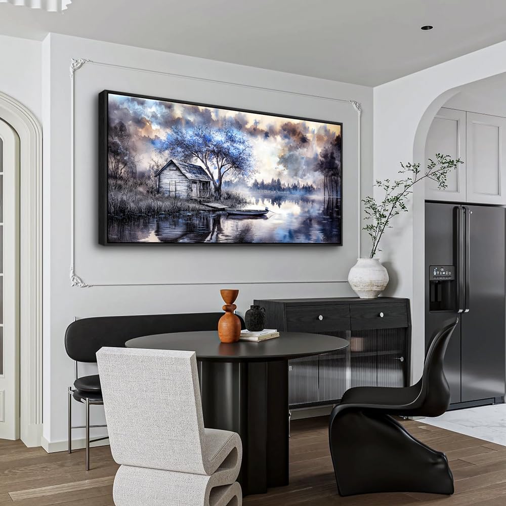 ERQINHUA Large Wall Art For Living Room Canvas Home Wall Decor For Office Bedroom Dining Room Wall Pictures Blue Tree Lakeside Landscape Painting Modern Art Print Beach Posters 24"x48" Black Frame