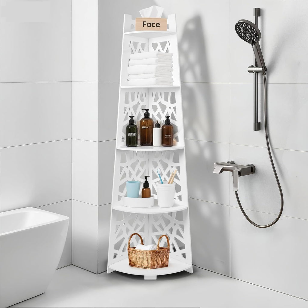 5-Tier Floor Standing Corner Shower Caddy Organizer, White WPC Bathroom Shelf Rack, Space-Saving Corner Storage for Shampoo, Body Wash, Towels