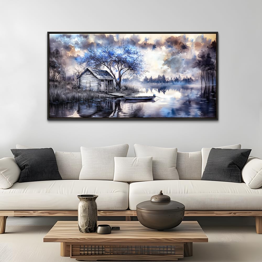 ERQINHUA Large Wall Art For Living Room Canvas Home Wall Decor For Office Bedroom Dining Room Wall Pictures Blue Tree Lakeside Landscape Painting Modern Art Print Beach Posters 24"x48" Black Frame
