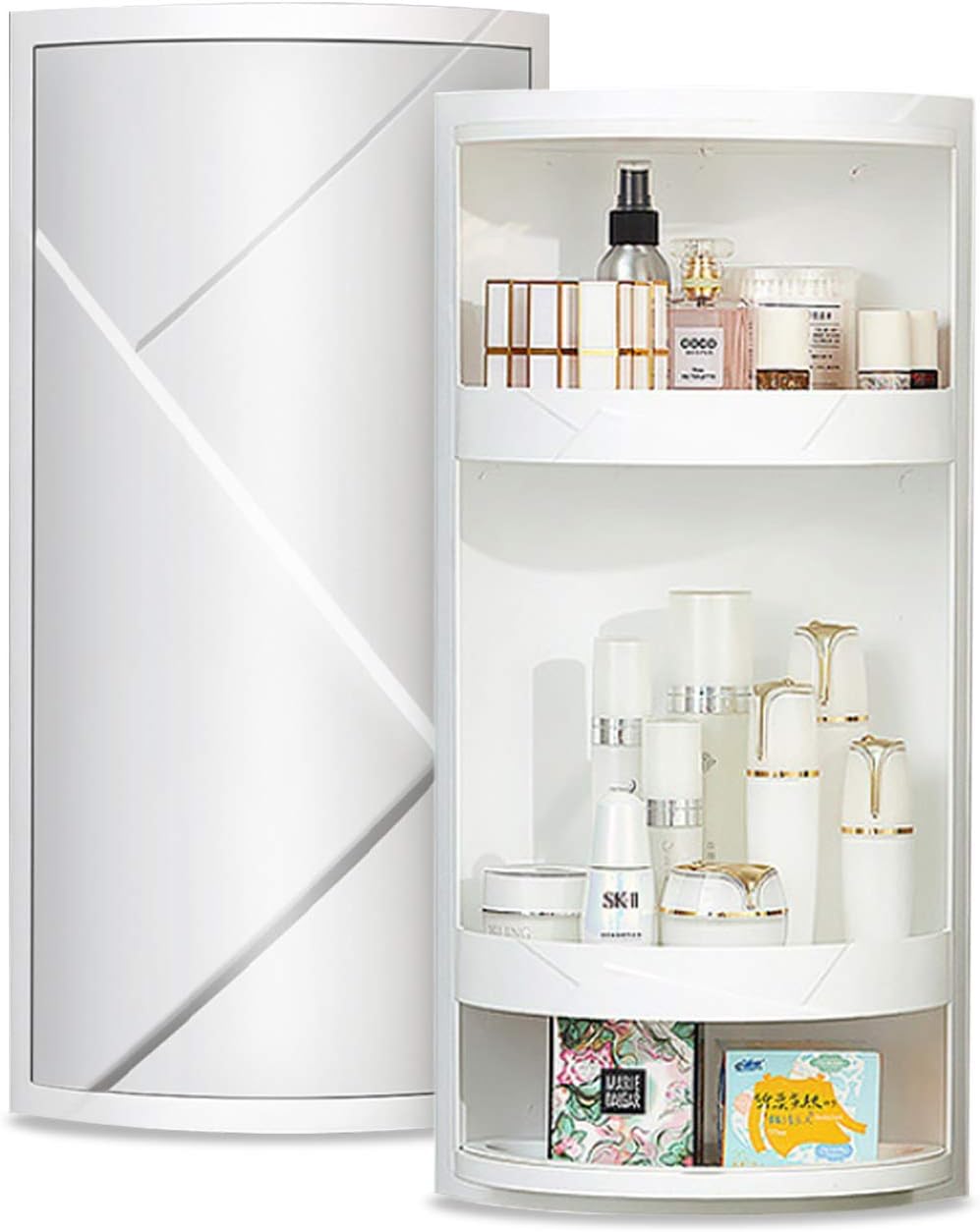 Bathroom Storage Corner Vanity Cabinet 24"x8.75"x8.75" Space Saver Rotating Organizer - 2-Tiered Storage Cabinet Countertop Storage or Wall Shelf - White Corner Shelf - Hidden Storage Rack