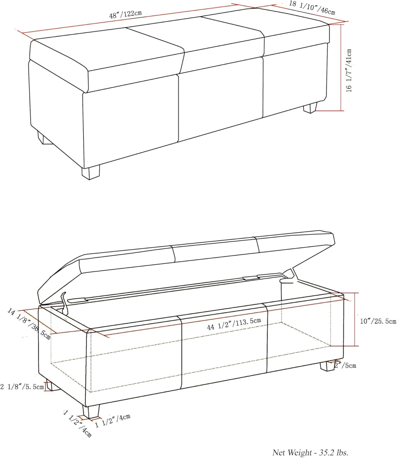 SIMPLIHOME Avalon 48 inch Wide Contemporary Rectangle Storage Ottoman Bench in Slate Grey Linen Look Fabric, Assembled, for the Living Room, Entryway and Family Room