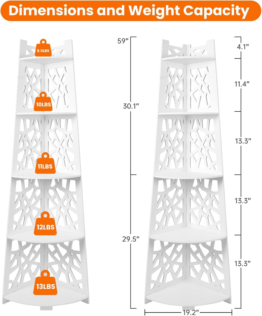 5-Tier Floor Standing Corner Shower Caddy Organizer, White WPC Bathroom Shelf Rack, Space-Saving Corner Storage for Shampoo, Body Wash, Towels