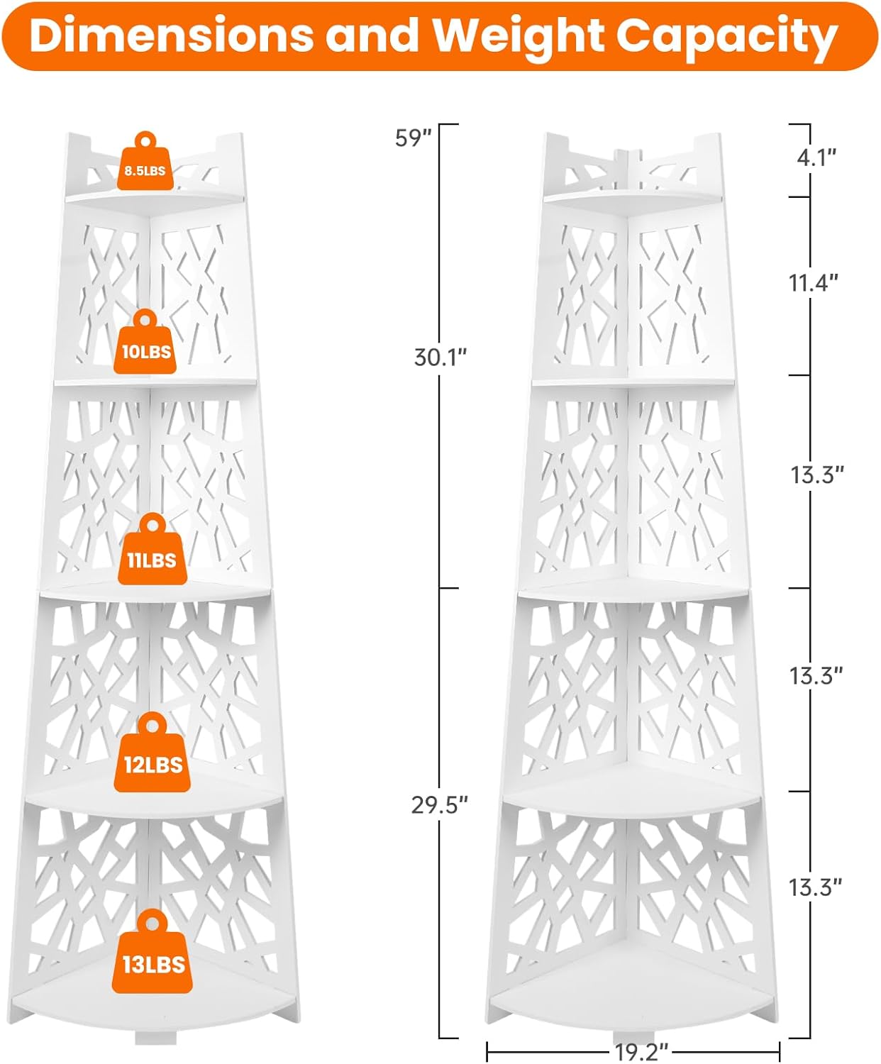 5-Tier Floor Standing Corner Shower Caddy Organizer, White WPC Bathroom Shelf Rack, Space-Saving Corner Storage for Shampoo, Body Wash, Towels