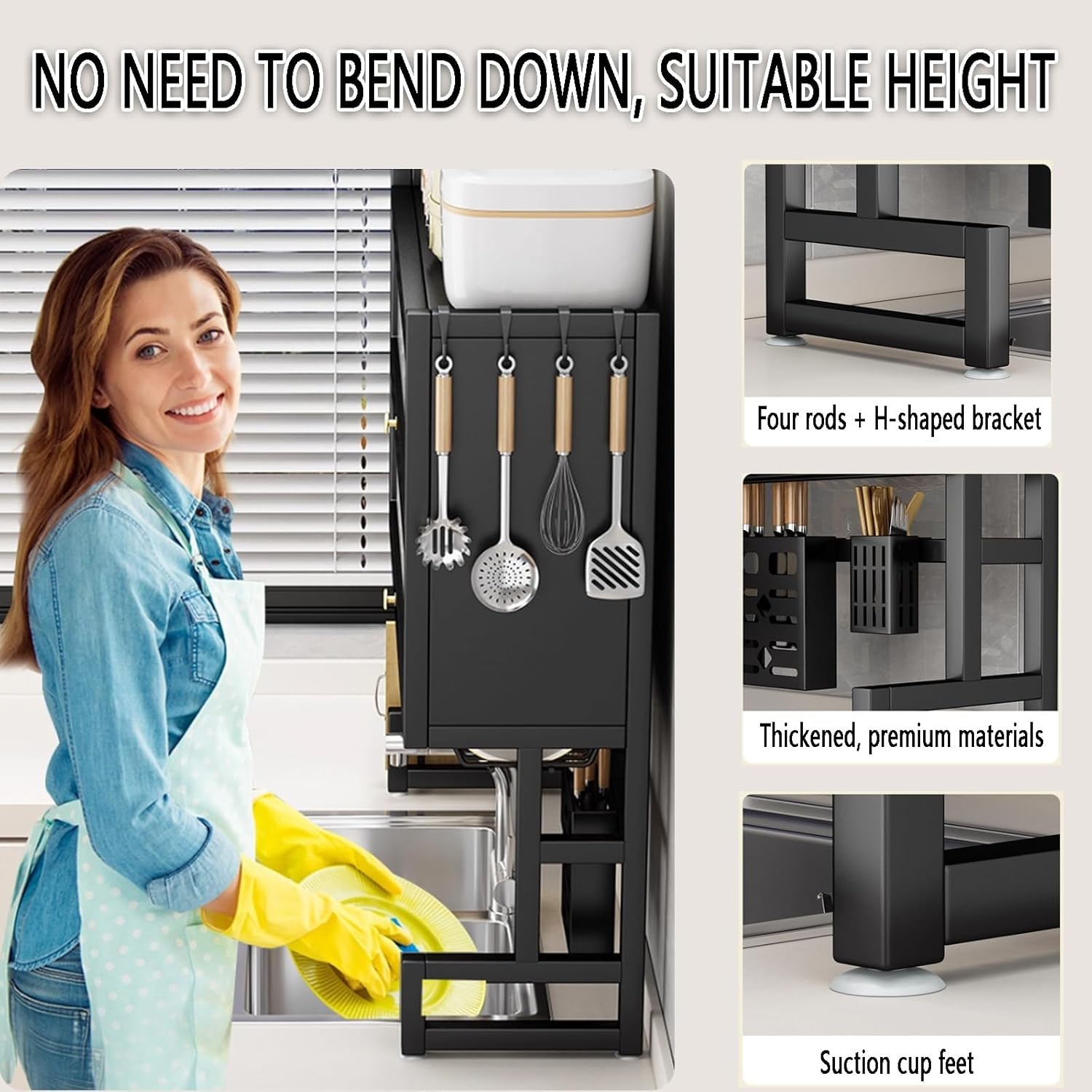 Large 3-Tier Over Sink Dish Drying Rack with Flip-top Door,Kitchen Counter Utensil Holder Organizers Space-Saving,Multifunctional Metal Counter Shelf,for Plates Bowl(White,65cm/25.6in)