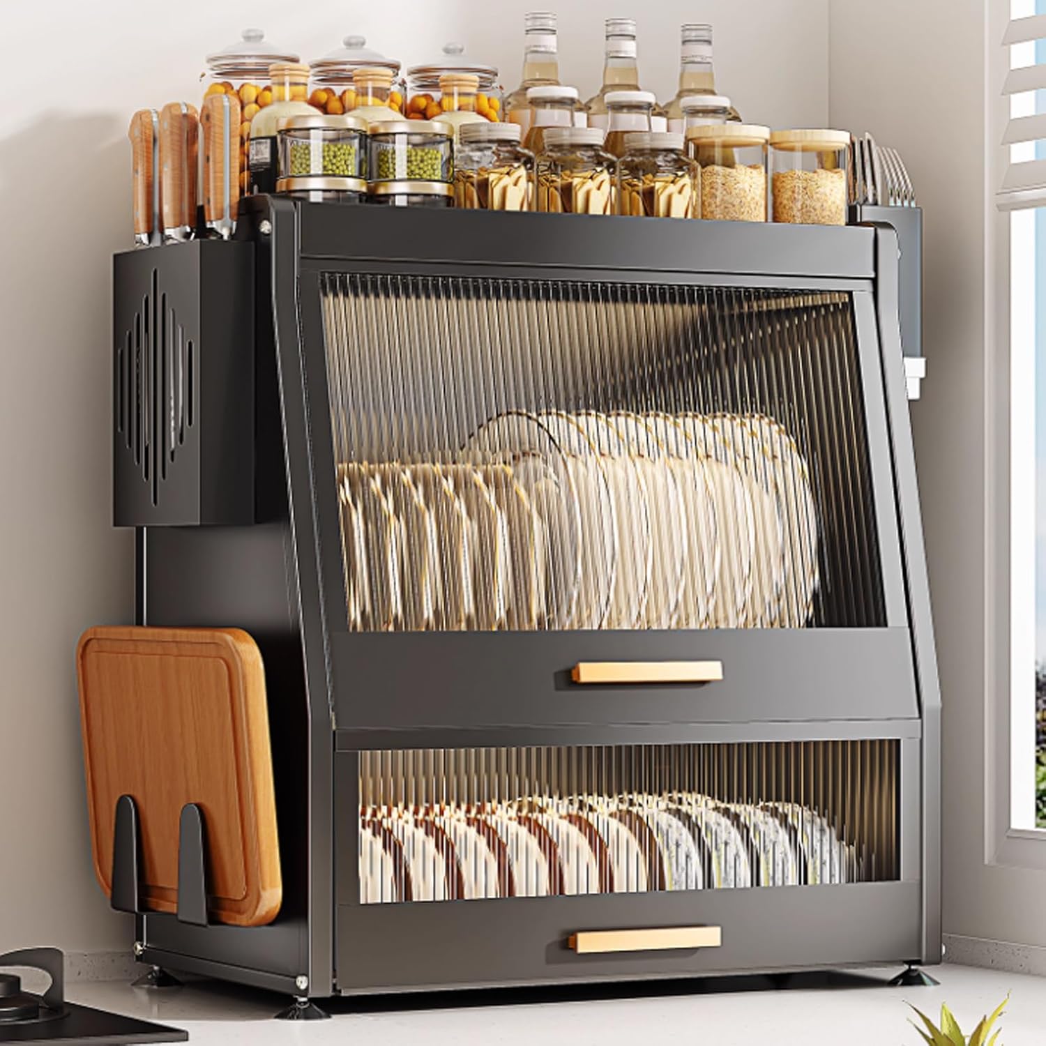 3 Tier Over The Sink dish racks with Flip-Cover Cabinet Doors,Large Kitchen Counter Organization rack,space saving kitchen sink organizer countertop,Carbon Steel,for Dishes, Glasses,Bowls(White)