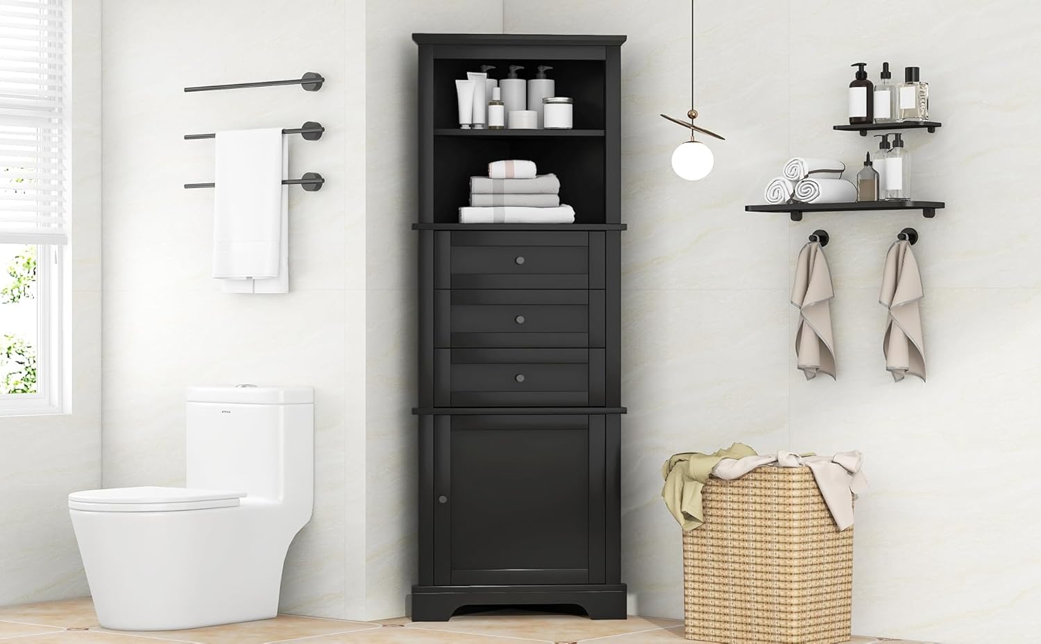 Corner Bathroom Storage Cabinet Tall, Freestanding Organizer with 3 Drawers & 2 Shelves, Narrow Floor Cabinet for Bathroom, Kitchen, Laundry Room, White Storage Shelves Unit for Small Space(Black)