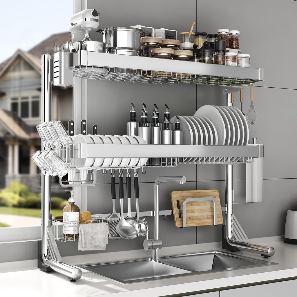 Over The Sink Dish Drainer Drying Rack 3 Tier, Full Stainless Steel Dish Drying Rack Adjustable Length 20.9''-37.4'', Kitchen Sink Shelf, Organized Space-Saving Dish Rack