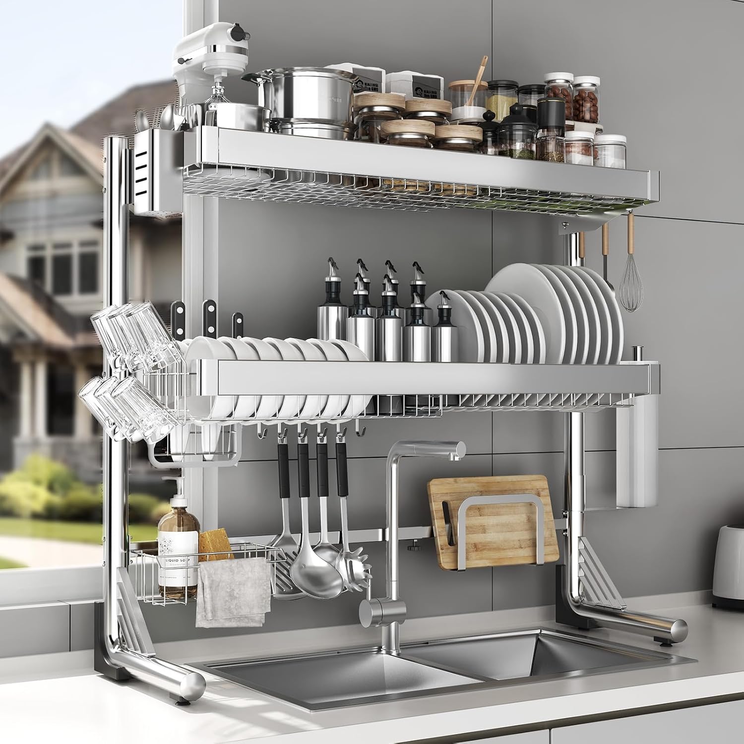 Over The Sink Dish Drainer Drying Rack 3 Tier, Full Stainless Steel Dish Drying Rack Adjustable Length 20.9''-37.4'', Kitchen Sink Shelf, Organized Space-Saving Dish Rack