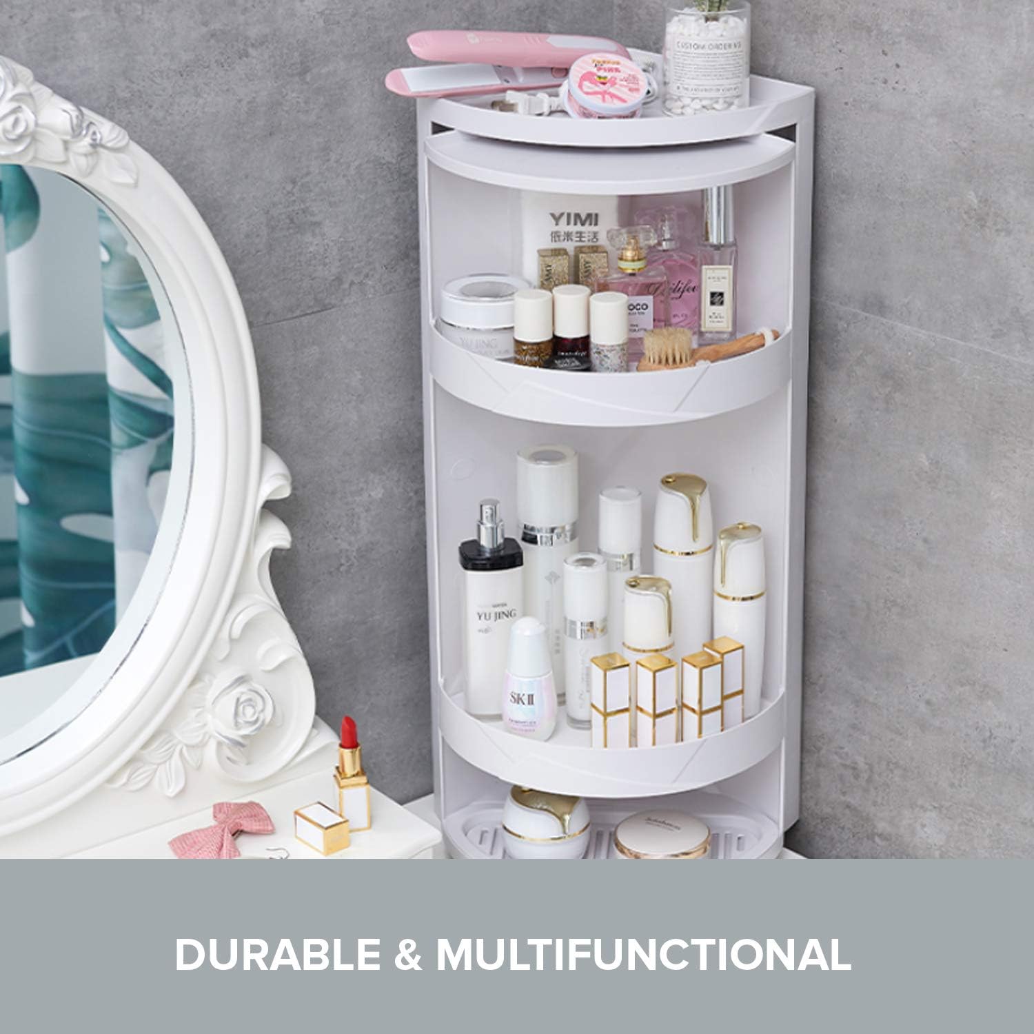 Bathroom Storage Corner Vanity Cabinet 24"x8.75"x8.75" Space Saver Rotating Organizer - 2-Tiered Storage Cabinet Countertop Storage or Wall Shelf - White Corner Shelf - Hidden Storage Rack