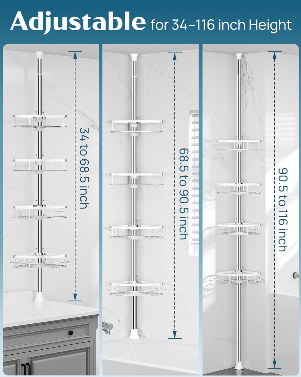 SEIRIONE Rustproof Shower Corner Caddy Organizer for Bathroom, 4 Adjustable Shelves with Tension Pole, for Bathtub Shampoo Accessories Storage Holder, 34 to 116 Inch Height
