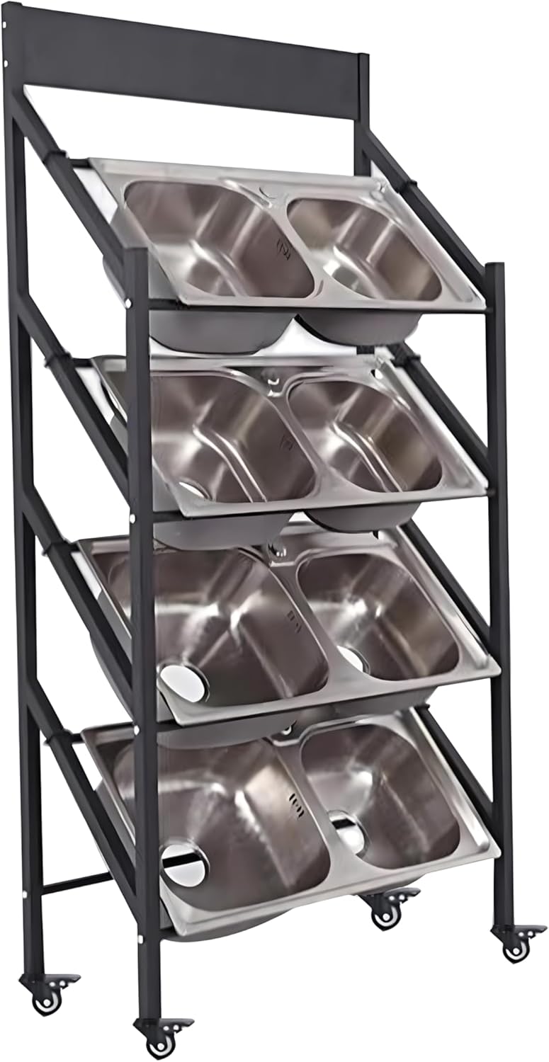 Commercial Sink Display Rack, Washing Hand Basin Sample Racks, Double Slot Sink Storage Shelve for Kitchen and Commercial Site with Wheels (90 × 38 × 180cm)