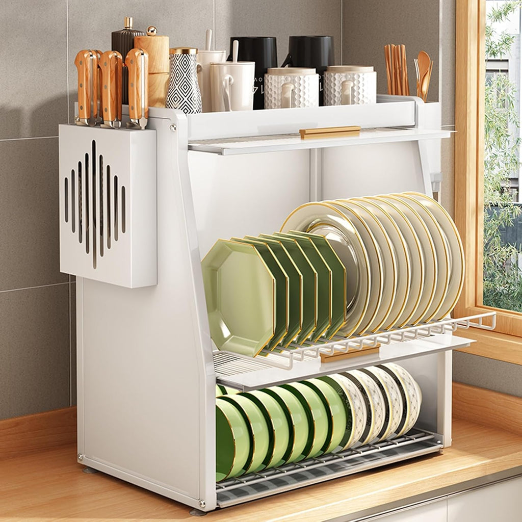 3 Tier Over The Sink dish racks with Flip-Cover Cabinet Doors,Large Kitchen Counter Organization rack,space saving kitchen sink organizer countertop,Carbon Steel,for Dishes, Glasses,Bowls(White)