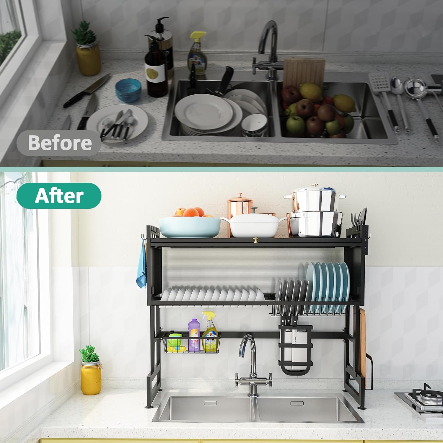 bukfen Dish Drying Rack, Over The Sink Dish Drainer Drying Rack 2 Tier Dish Rack with Cover for Kitchen (Black, Large 37.40 Length)