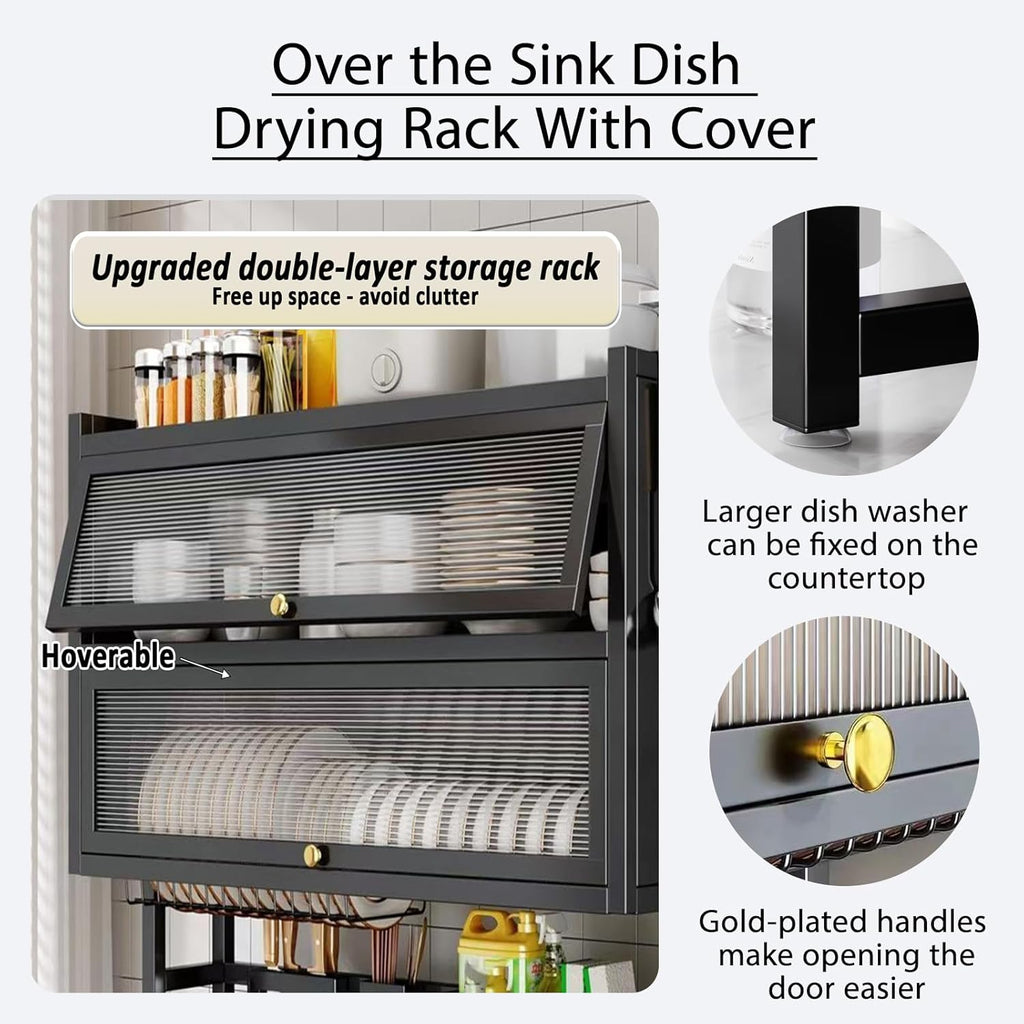 Dish Drying Rack 4 Tiers with Cover, Keep Kitchen Sink Shlef Organized Space-Saving, Large Drying Rack for Dishes, Glasses, Bowls, Cutlery black W-37.4in