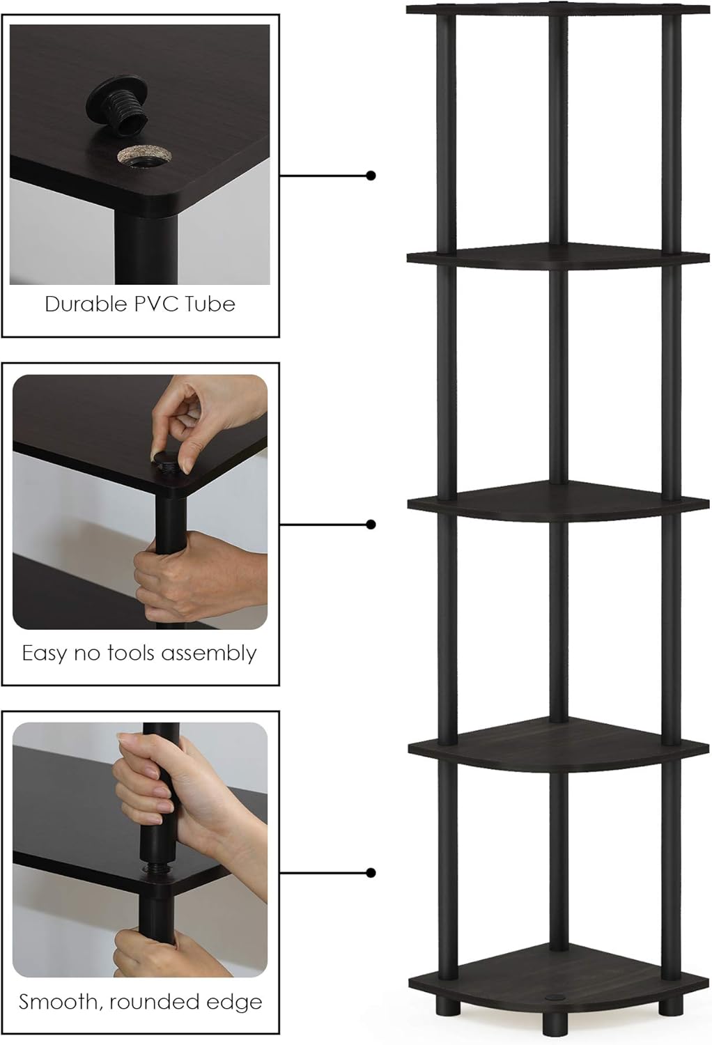 Furinno Turn-N-Tube 5 Tier Corner Display Rack Multipurpose Shelving Unit, 1-Pack, Espresso/Black