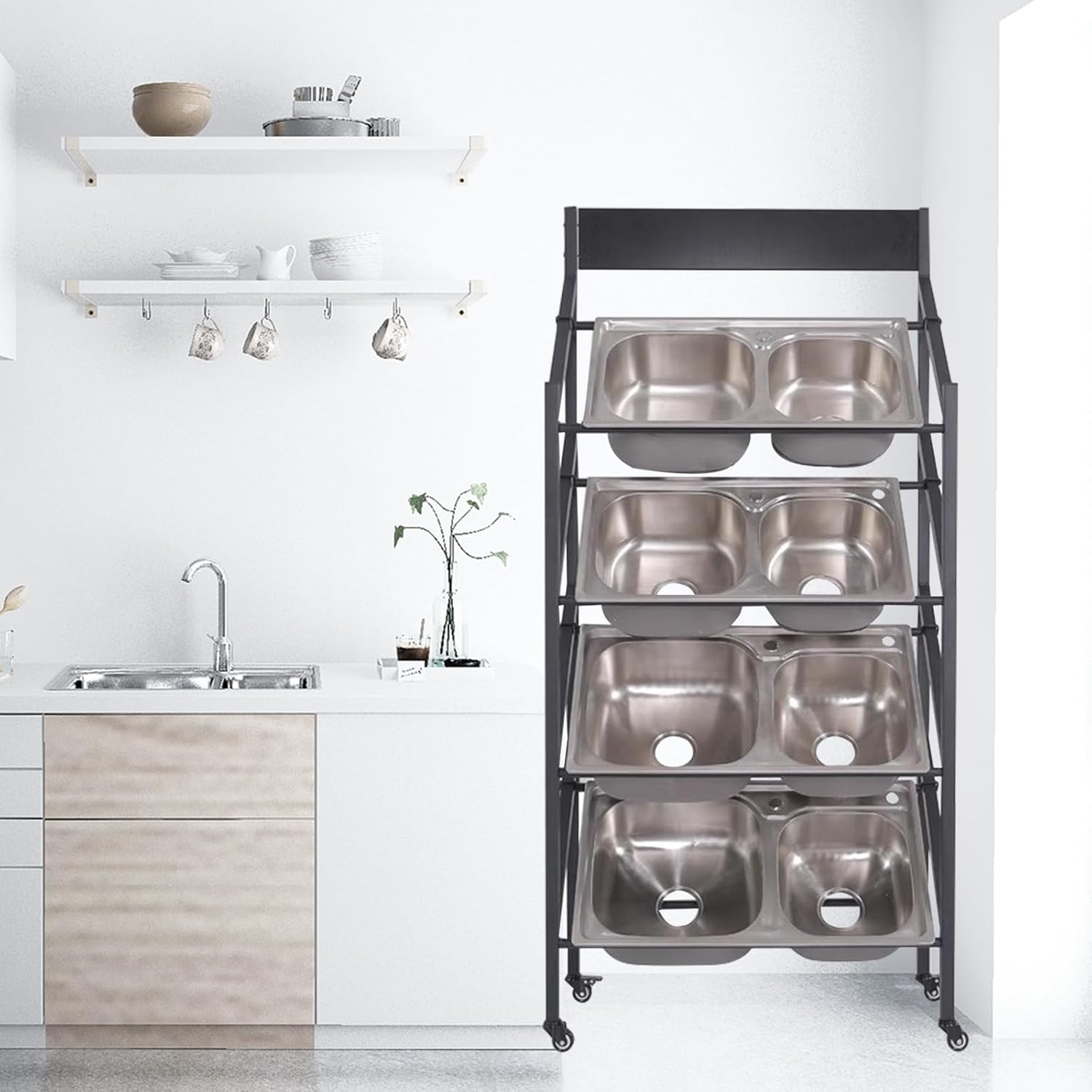 Commercial Sink Display Rack, Washing Hand Basin Sample Racks, Double Slot Sink Storage Shelve for Kitchen and Commercial Site with Wheels (90 × 38 × 180cm)