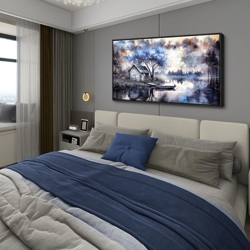 ERQINHUA Large Wall Art For Living Room Canvas Home Wall Decor For Office Bedroom Dining Room Wall Pictures Blue Tree Lakeside Landscape Painting Modern Art Print Beach Posters 24"x48" Black Frame