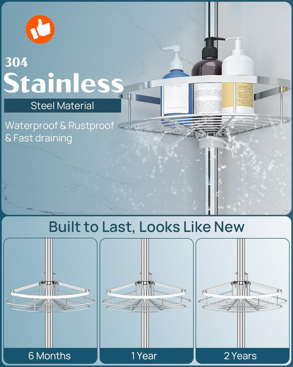 SEIRIONE Rustproof Shower Corner Caddy Organizer for Bathroom, 4 Adjustable Shelves with Tension Pole, for Bathtub Shampoo Accessories Storage Holder, 34 to 116 Inch Height