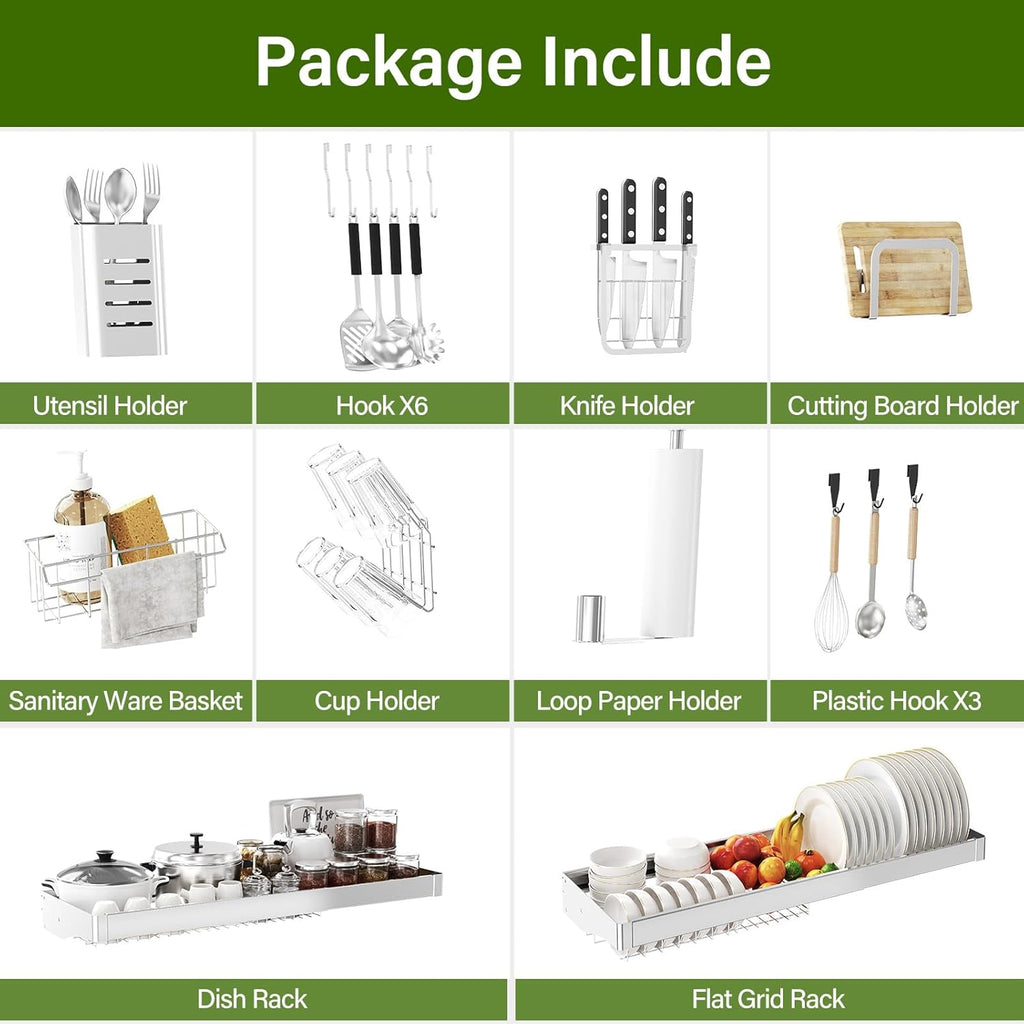 Over The Sink Dish Drainer Drying Rack 3 Tier, Full Stainless Steel Dish Drying Rack Adjustable Length 20.9''-37.4'', Kitchen Sink Shelf, Organized Space-Saving Dish Rack