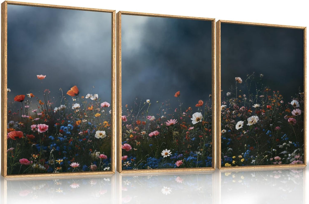 LHIUEM Large Nature Moody Floral Framed Canvas Wall Art,Abstract Dark Wall Decor,Wildflower Botanical Landscape Wall Painting,Picture Artwork for Living Room,Bedroom,Dining Room,Office -24"x36"x3