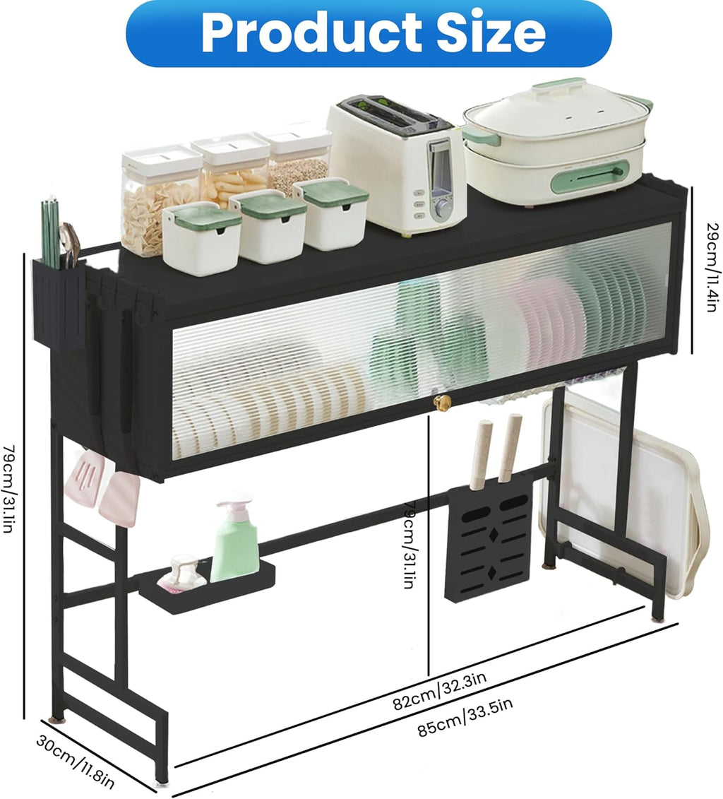 ASIEIT Dish Drying Rack, 3-Tier Over Sink Dish Drying Rack, 33.5" Over Sink Dish Rack for Small Kitchen, Space-Saving Dish Rack with Cover, Baskets, Utensil, Large Sink Storage Organizer Black