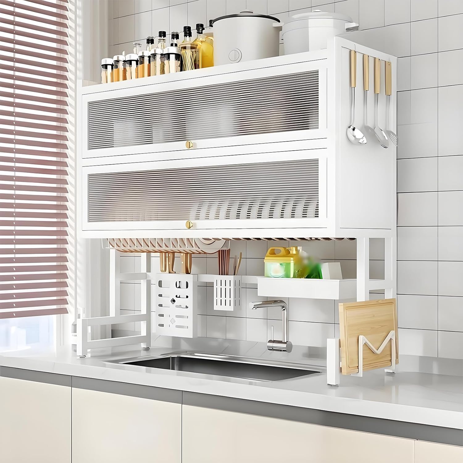 Dish Drying Rack 4 Tiers with Cover, Keep Kitchen Sink Shlef Organized Space-Saving, Large Drying Rack for Dishes, Glasses, Bowls, Cutlery black W-37.4in