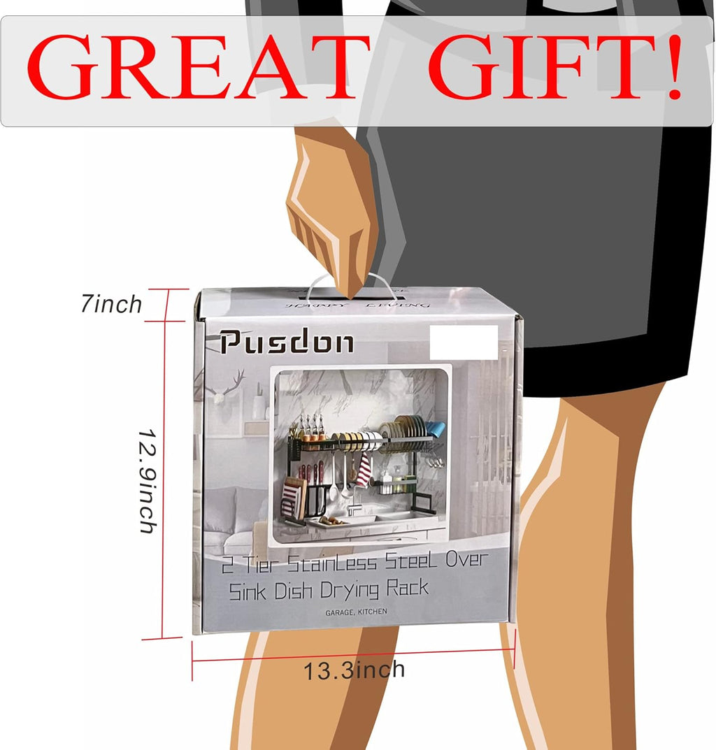 PUSDON Over Sink Dish Drying Rack Stainless Steel, Adjustable Large Dish Drainer for Storage Kitchen Organization Silver 3 Tier - Standard(34"-46")