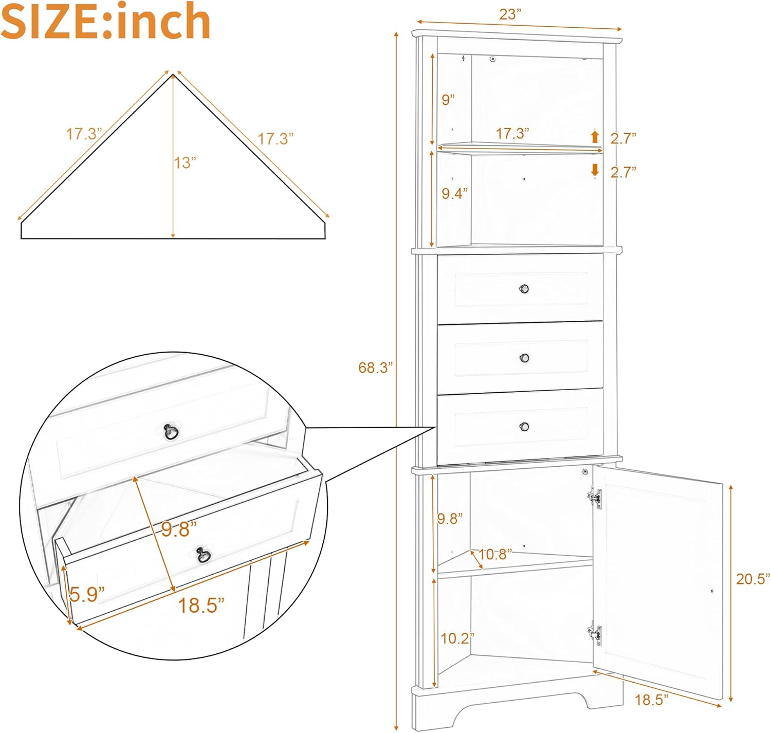 Merax Storage Corner Cabinet with 3 Drawers and Door, Tall Line Pantry Home Space Saver for Bathroom, Living Room, Kitchen, Adjustable Shelf, White