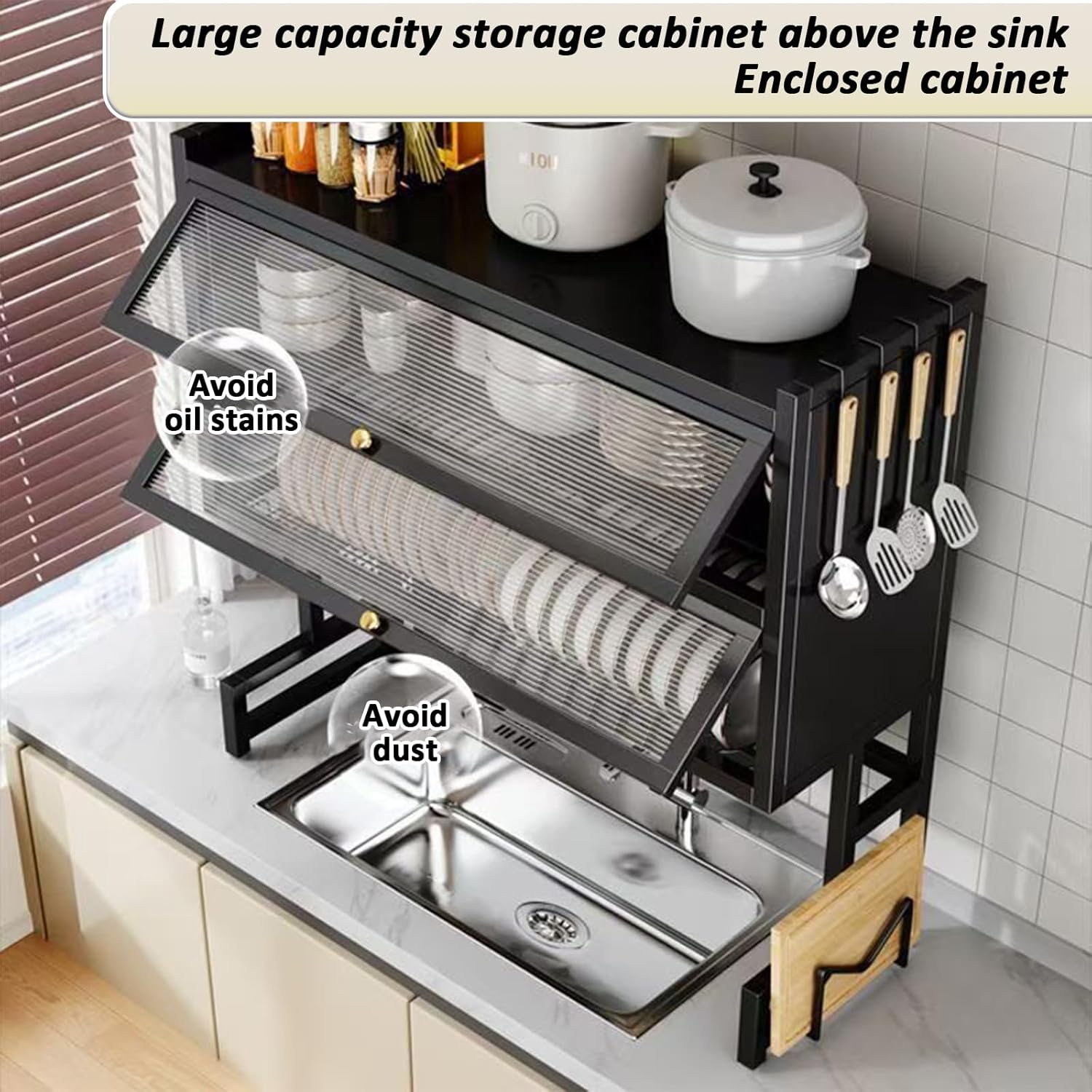 Dish Drying Rack 4 Tiers with Cover, Keep Kitchen Sink Shlef Organized Space-Saving, Large Drying Rack for Dishes, Glasses, Bowls, Cutlery black W-37.4in