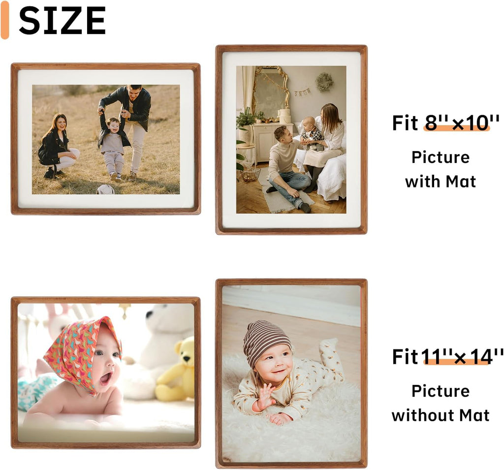 11x14 Picture Frame Set of 2 Natural Wood Photo Frames Display Pictures 8x10 with Mat or 11x14 without Mat Multi Photo Frames Collage for Wall or Tabletop Decor
