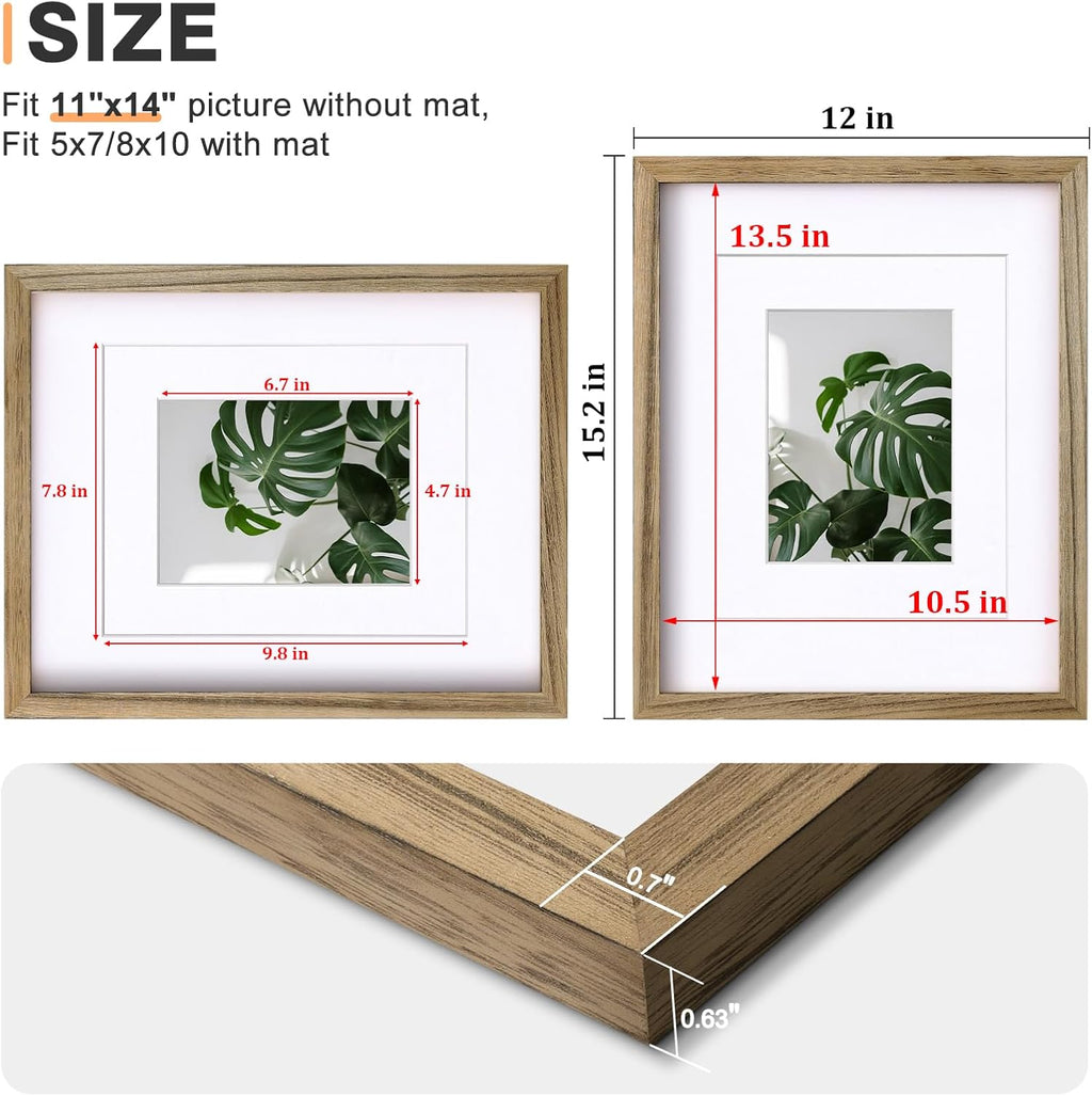 Egofine 11x14 Picture Frames with Plexiglass, Display Pictures 5x7/8x10 with Mat or 11x14 Without Mat Set of 4 for Tabletop and Wall Mounting, Carbonized Brown