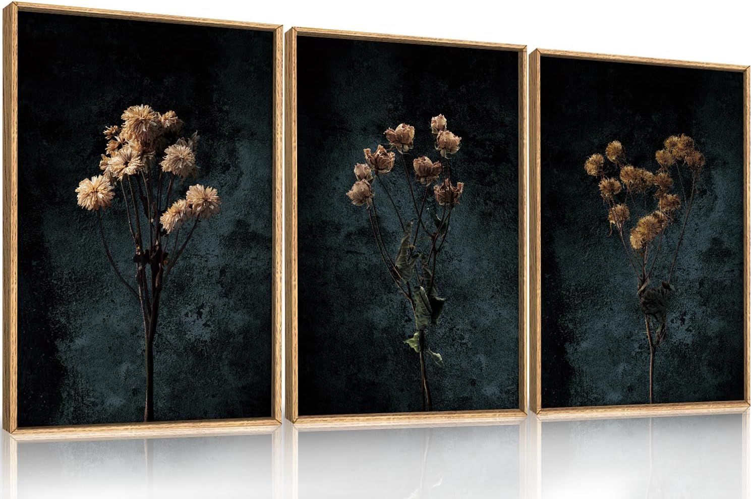 LHIUEM Large Nature Moody Floral Framed Canvas Wall Art,Abstract Dark Wall Decor,Wildflower Botanical Landscape Wall Painting,Picture Artwork for Living Room,Bedroom,Dining Room,Office -24"x36"x3