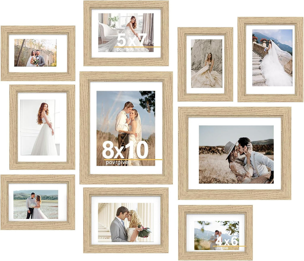 10 Pack Picture Frames Collage Wall Decor - Gallery Wall Frame Set with Mat for Wall Mounting or Tabletop Display, Including Two 8x10, Four 5x7, Four 4x6 Photo Frames, Real Glass