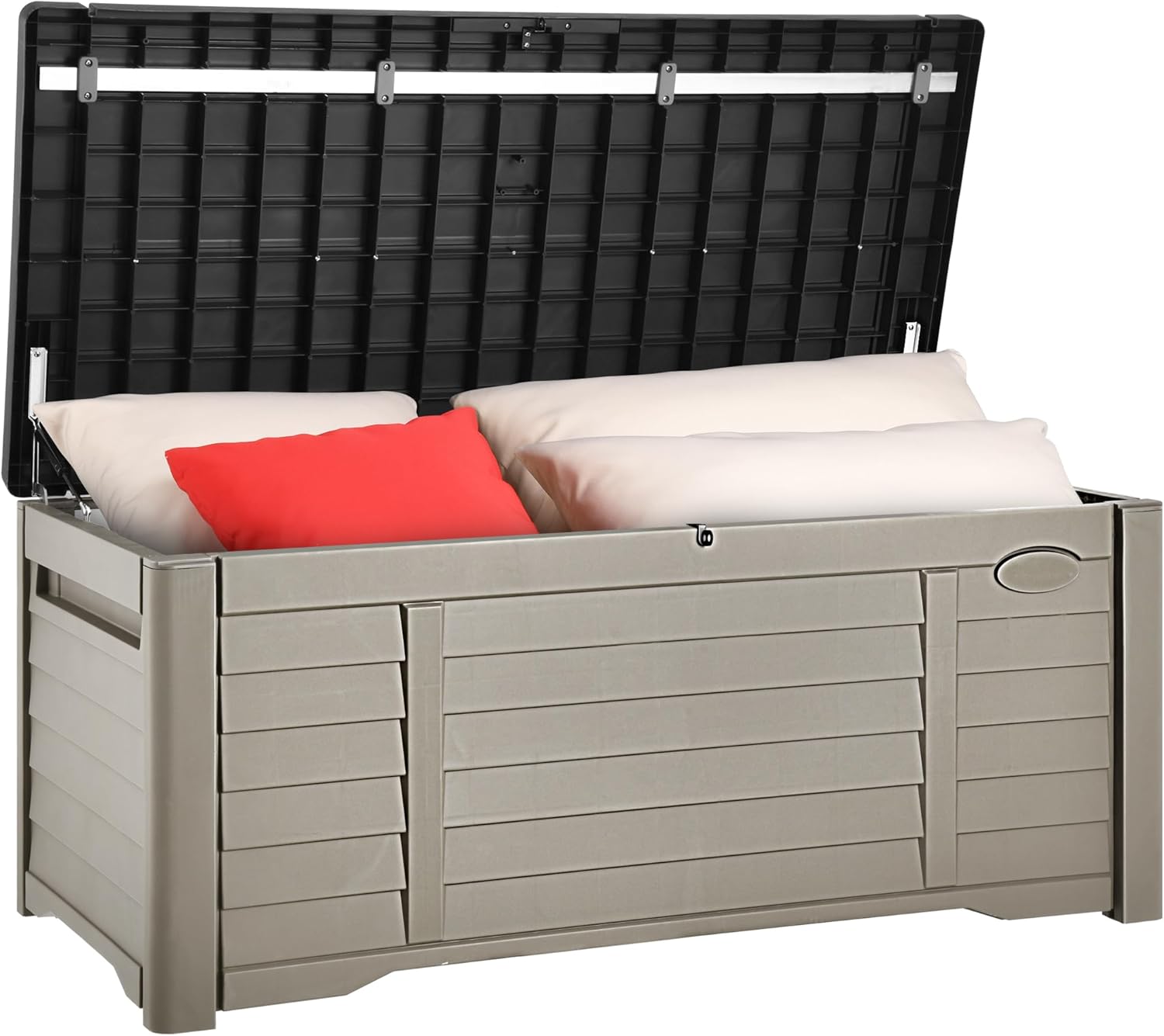 YITAHOME 120 Gallon Large Outdoor Storage Deck Box, Waterproof Cushion Storage Bench with Lockable Lid for Patio, Pool Supplies, Garden Tools, Resin, Black & Brown