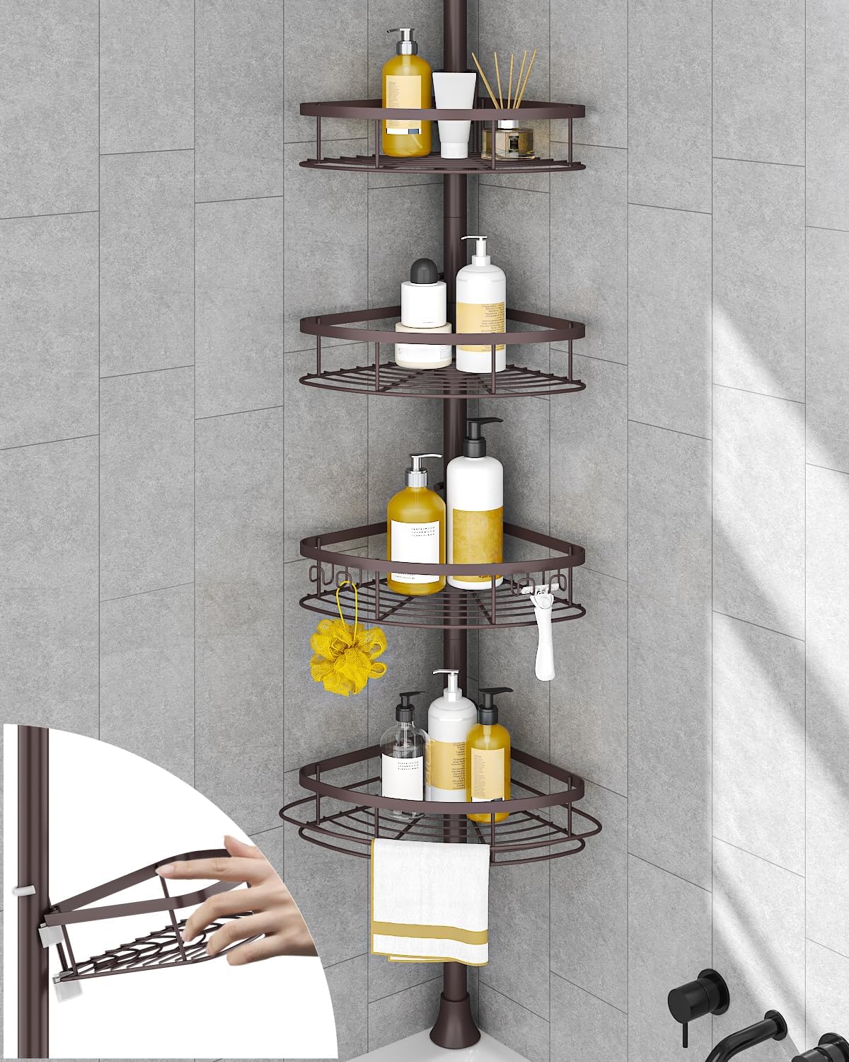 SEIRIONE Rustproof Shower Corner Caddy Organizer for Bathroom, 4 Adjustable Shelves with Tension Pole, for Bathtub Shampoo Accessories Storage Holder, 34 to 116 Inch Height