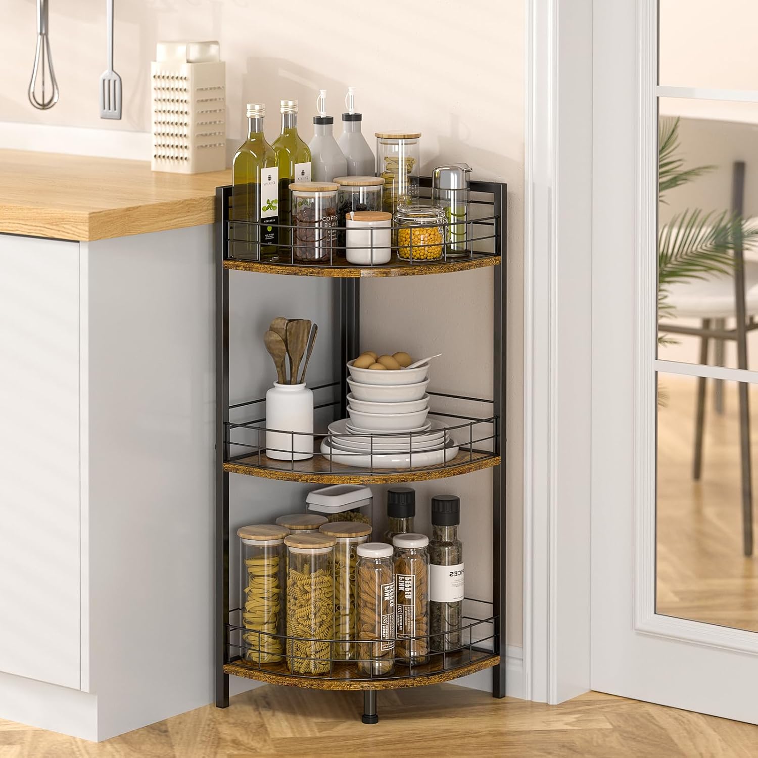 Bathroom Standing Shelf, 3 Tier Open Floor Shelves, Free-Standing Shelf Units, Triangular Curved Corner Shelf Stand for Small Space, Ideal for Bathroom,Kitchen,Vanity Storage and Organizer