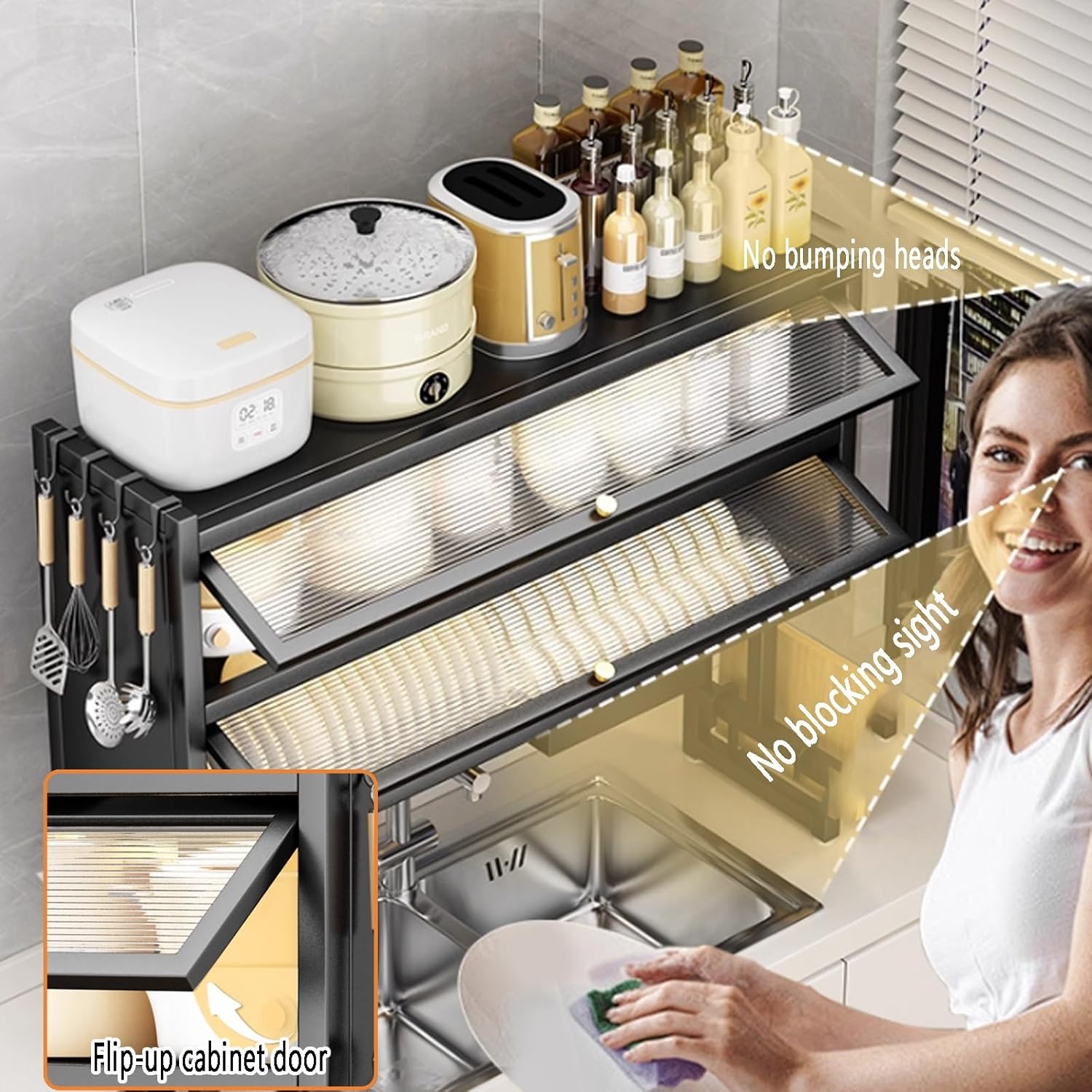 Large 3-Tier Over Sink Dish Drying Rack with Flip-top Door,Kitchen Counter Utensil Holder Organizers Space-Saving,Multifunctional Metal Counter Shelf,for Plates Bowl(White,65cm/25.6in)