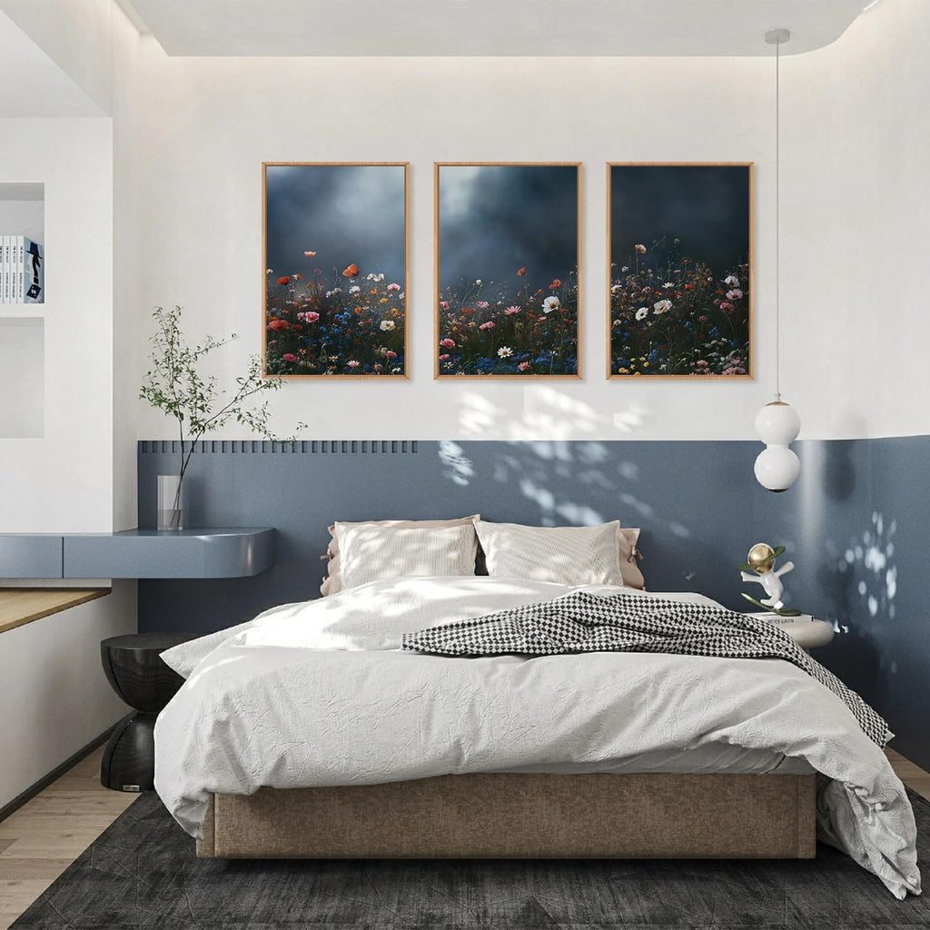 LHIUEM Large Nature Moody Floral Framed Canvas Wall Art,Abstract Dark Wall Decor,Wildflower Botanical Landscape Wall Painting,Picture Artwork for Living Room,Bedroom,Dining Room,Office -24"x36"x3